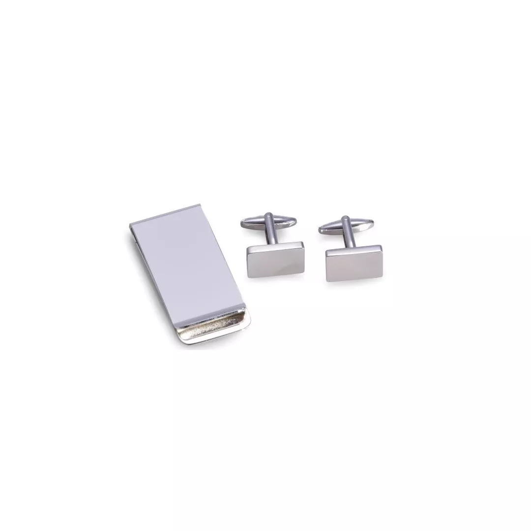 Silver Plated Rectangular Cufflinks & Money Clip Set