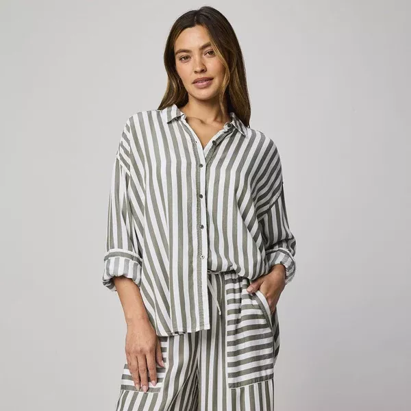 "Splendid" Ella Stripe Button Down Soft Vintage Olive Branch